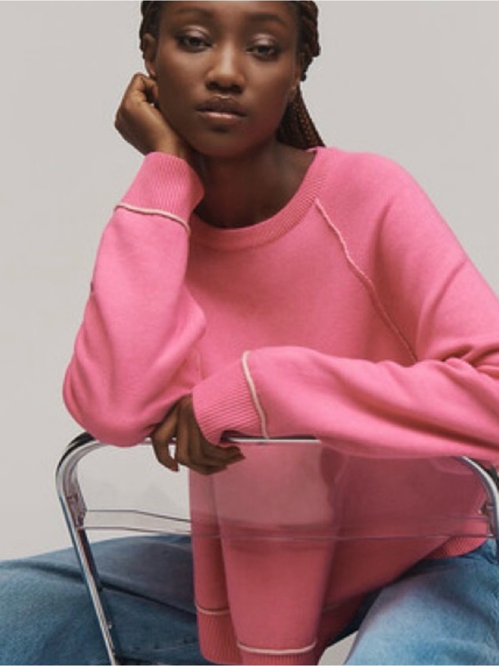 Pilcro Anthropologie Hot Pink White Relaxed Crewneck Sweatshirt Size XS Sweater